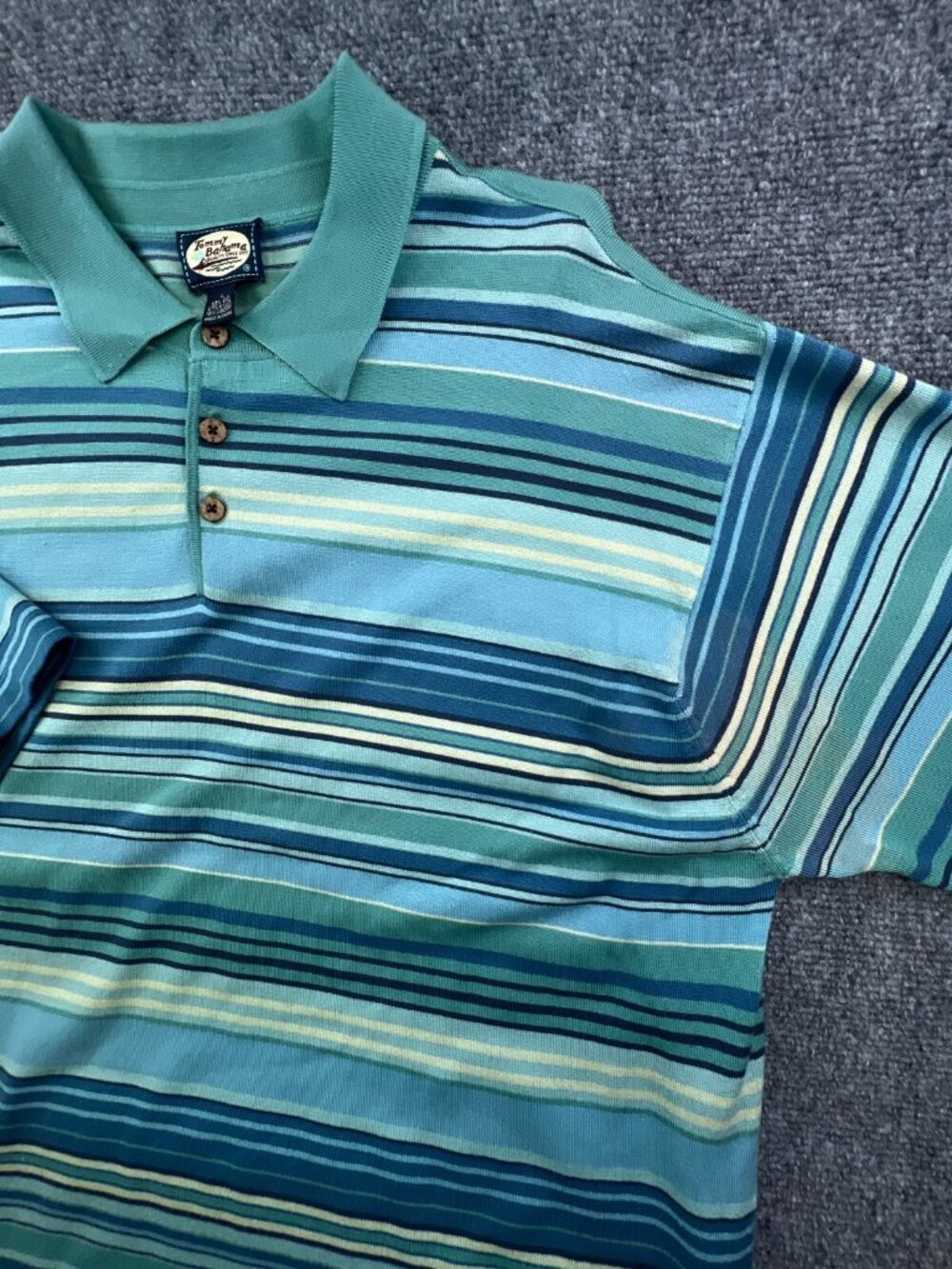 Tommy Bahama Polo Shirt Mens Large Silk Blend Blue Green Short Sleeve Striped - Picture 8 of 14